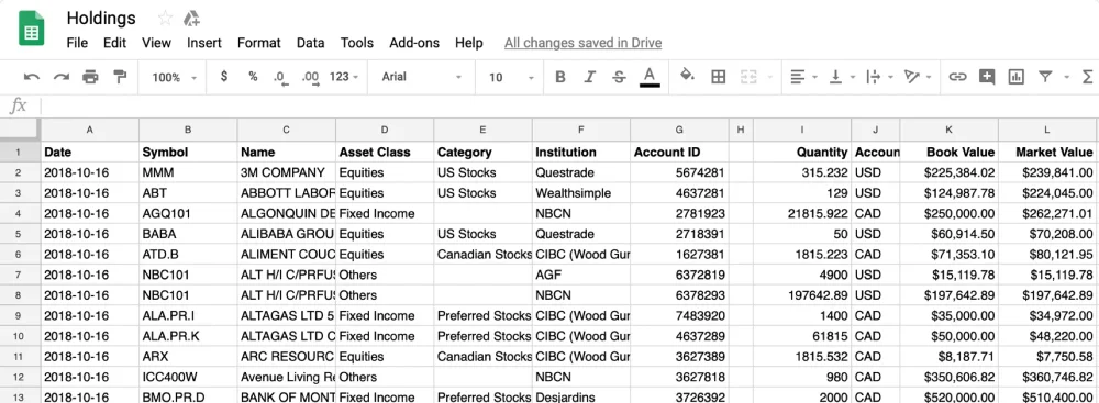 Your investments, transactions and holdings in a spreadsheet, automatically updated each day.
