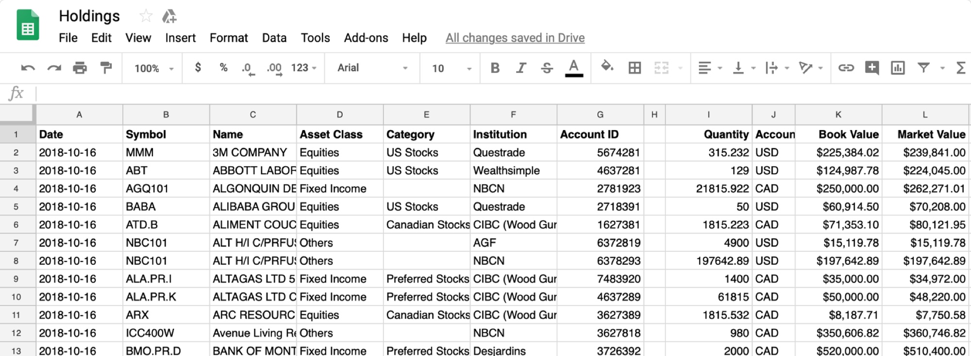 Export to spreadsheet Wealthica