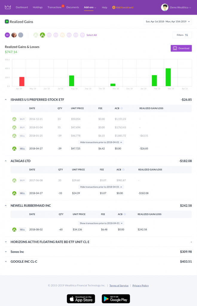 Realized gains reporting screenshot